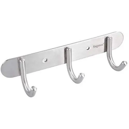 Towel Hook Rack Brushed Nickel - Sagmoc 8-Inch Coat Hook Rail Wall Mounted with 3 Hooks, Durable Clothes Hangers for Bedroom, Bathroom, Foyer, Hallway (304 Stainless Steel)