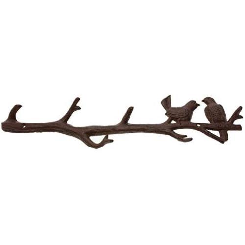 [Mothers Day Gift] Cast Iron Birds On Branch Hanger with 6 Hooks | Decorative Cast Iron Wall Hook Rack | for Coats, Hats, Keys, Towels, Clothes | 18.5x2x4.5” (Rust Brown)