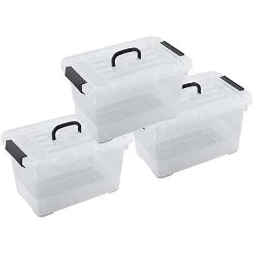 Livable Clear Plastic Storage Boxes with Black Handle, 11 Quart Storage Bin with Latch/Lid, 3 Pack