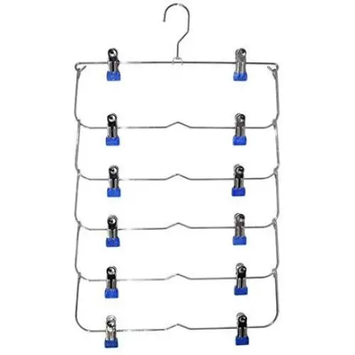 YUENA CARE 6 Tier Skirt Hanger Pants Hangers Space Saving Clothes Trousers Hanger with Adjustable Clips Blue