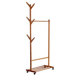 Cxjff Floor Standing Coat Rack Movable Storage Clothes Hanger 6 Hooks Wheels Shelves Easy Install, Bamboo (Color : Wood Color, Size : 80x31x171cm)