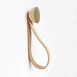 Round Beech Wood & Brass Wall Hook with Leather Loop - Modern design wall mounted coat hanger