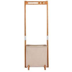 JFGUOYA Bamboo Coat Rack with Storage Basket, Bedroom Clothes Hanger Free Standing Hanging Rail - Laundry Hamper Garment Rack, Bamboo Coat Organizer with Clothes Hanger and Storage Shelves