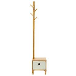 E-Goal Wooden Bamboo Coat Stand 8 Hooks Free Standing Coat Hat Rack Tree Clothes Rail Hanging Storage Organiser Clothes Stand Hanger with Drawer Design for Bedroom, Living Room, Office Size 69.6inch