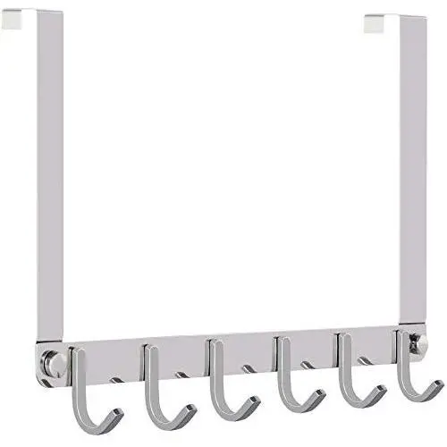 SKOLOO Over The Door Hook Rack, Stainless Steel Over Door Hook - 6 Coats Hooks, Back of Door Hook Over Door Hangers for Hanging Clothes, Coat, Towel, Robes, Purse, Silver