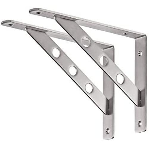 YUMORE Shelf Bracket 10'', Heavy Duty Stainless Steel Solid Shelf Support Corner Brace Joint Right Angle Bracket, The Bar with Hole to Hang Clothes Hooks or S Hook, 1 L Bracket with 2 S Hook,2 Pack