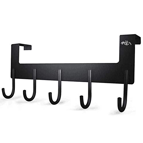 Rongyuxuan Over The Door Hook Organizer Rack, Decorative Brushed Metal Over The Door Hanger Towel Rack with 5 Coat Hooks for Hanging Clothes, Coat, Hat, Belt, Towels