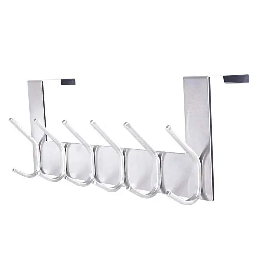 SKOLOO Over The Door Hook, Over The Door Hanger Towel Rack for Bathroom, Stainless Steel Door Hanger Hook, 6 Over Door Hooks for Hanging Coats Robes Clothes Hats (Square, Silver)