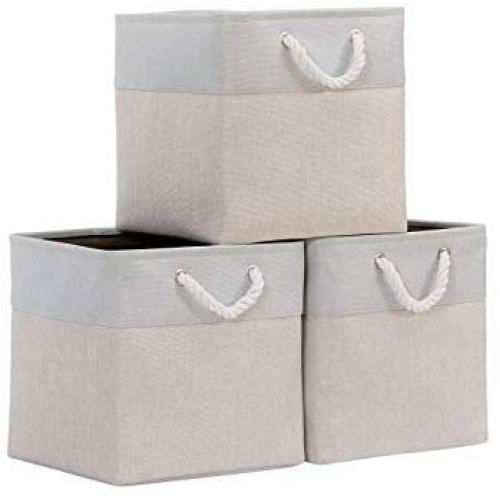 DECOMOMO Foldable Storage Bin [3-Pack] Collapsible Sturdy Cationic Fabric Storage Basket Cube W/Handles for Organizing Shelf Nursery Home Closet (Light Grey and Tranquility, Cube - 13 x 13 x 13)