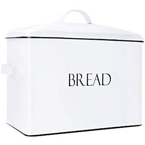 Outshine Vintage Metal Bread Bin - Countertop Space-Saving, Extra Large, High Capacity Bread Storage Boxes for your Kitchen - Holds 2+ Loaves 13" x 10" x 7"- White with BREAD Lettering