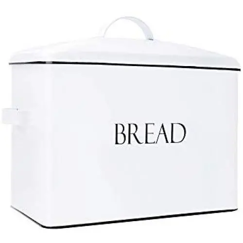 Outshine Vintage Metal Bread Bin - Countertop Space-Saving, Extra Large, High Capacity Bread Storage Boxes for your Kitchen - Holds 2+ Loaves 13" x 10" x 7"- White with BREAD Lettering