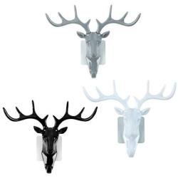 NUOBESTY Antler Iron Wall Hook 3Pcs, 3D Metal Clothes Hanger Christmas Room Decor Stereoscopic Deer Head Door Coat Rack Hat Cap Holder Organizer for Home Bathroom - White