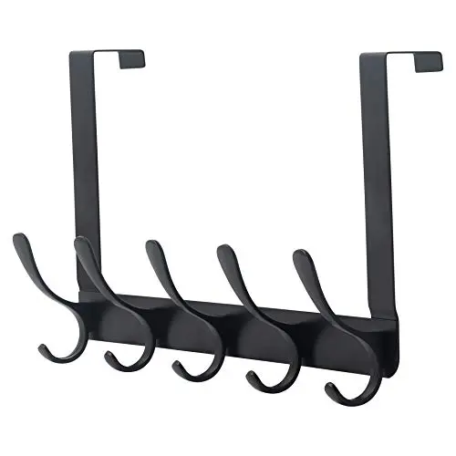 SKOLOO Over The Door Hook Rack, 5 Door Hanger Hooks for Clothes Towels Coat, Over The Door Coat Rack (Black)