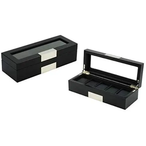 5 Piece Black Wood Watch Display Case Storage Organizer Boxes with Stainless Steel Accents 5 Piece Black Wood Watch Display Case Storage Organizer Boxes with Stainless Steel Accents