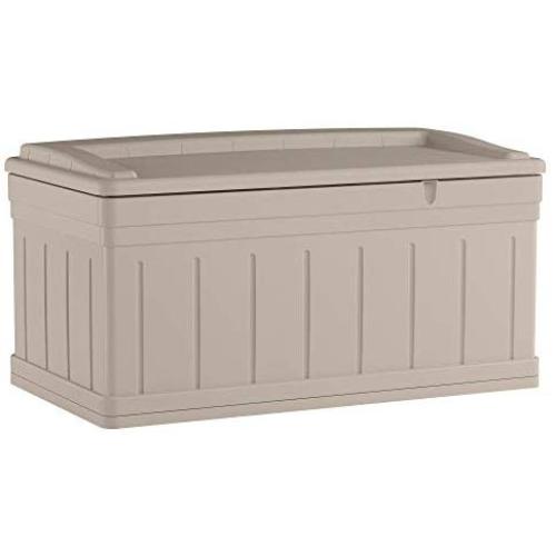 Suncast 129-Gallon Large Deck Boxes - Lightweight Resin Indoor/Outdoor Storage Container and Seat for Patio Cushions and Gardening Tools - Store Items on Patio, Garage, Yard - Taupe