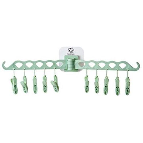 Grey990 Removable Windproof Clothes Towel Hanger Clothespin Bathroom Storage Rack with 12 Clips Green