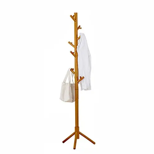 DNSJB Floor Standing Solid Wood Coat Rack Stand Tree-Shaped Creative Bedroom Clothes Hat Hanger with 8 Hooks, Wood Color (Color : Wood Color)