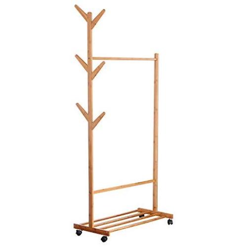 Bamboo Garment Rack, FOME Bamboo Clothes Laundry Rack Clothing Rack with Shelves Entryway Storage Rack with Wheels 6 Side Hook Coat Hanger for Jacket Umbrella Clothes Hats Scarf and Handbags