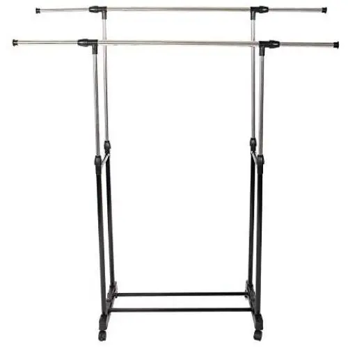 Azamon New → Adjustable → Double-bar → Castor → Wheels → Rolling Garment Rack Rail Clothes Hanger → Black & Silver → Stainless Steel and PP Plastic → Horizontal and Vertical Stretching Azamon New → Adjustable → Double-bar → Castor → Wheels → Rolling Garment Rack Rail Clothes Hanger → Black & Silver → Stainless Steel and PP Plastic → Horizontal and Vertical Stretching
