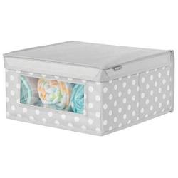 mDesign Soft Stackable Fabric Closet Storage Organizer Holder Boxes - Clear Window and Lid, for Child/Kids Room, Nursery, Playroom - Polka Dot Print - Medium - Light Gray with White Dots