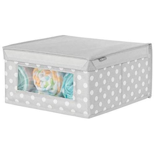 mDesign Soft Stackable Fabric Closet Storage Organizer Holder Boxes - Clear Window and Lid, for Child/Kids Room, Nursery, Playroom - Polka Dot Print - Medium - Light Gray with White Dots