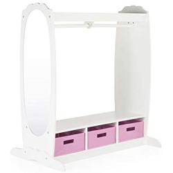 Guidecraft Dress Up Storage ? White: Dramatic Play Costume Rack with Mirror and Tray for Toddlers - Kids Armoire, Dresser with Fabric Storage Bins