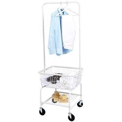 AmazonBasics Laundry Hamper Basket Butler Cart with Wheels and Hanging Rack, White