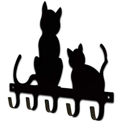 Cxjff Black Metal Wall-Mounted Coat Hooks Key Holder, Clothes Coat Hat Decorative Wall Hooks Robe Hanger, Cat Design 5-Hooks Rack (Size : 32 ×24 cm)