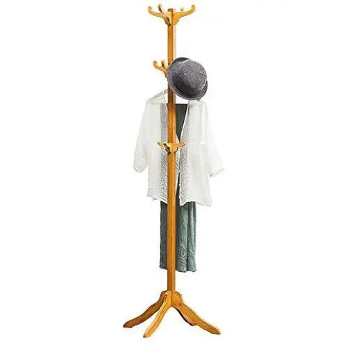 KTOL Modern Bamboo Coat Hall Tree Free Standing, Stable Coat Rack 12 Hooks Floor Clothes Storage Shelves Coat hat Holder for Entryway Hat Hanger-Wood Color 70.9in