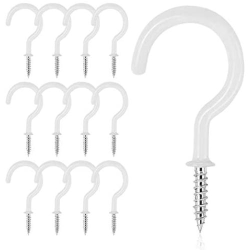 MJIYA 12 PCS Vinyl Coated Ceiling Hooks Question Mark Shape Hook Heavy Duty Screw Cup Hook for Bathroom Kitchen Wall Ceiling Hanging (White1, 1-1/2 Inch)