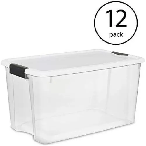 STERILITE 70 Quart/66 Liter Ultra Latch Box, Clear with a White Lid and Black Latches, STERILITE 70 Quart/66 Liter Ultra Latch Box, Clear with a White Lid and Black Latches,