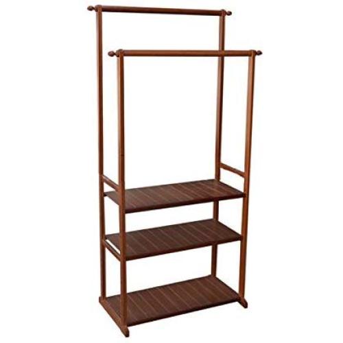 Cxjff Floor Standing Coat Rack Clothes Hat Stand Floor Standing Coat Rack Clothes Hat Stand Hanger 3 Layers Shoes Shelf 2 Poles 4 Hooks Solid Wood, 7030155CM Hanger Modern (Color : Reddish Brown)