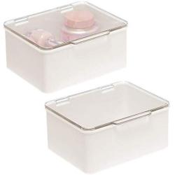 mDesign Stackable Bathroom Vanity Countertop Storage Cosmetic Organizer Boxes with Hinged Lid for Makeup, Beauty, Hair, Nail Supplies - 2 Pack - Cream/Clear