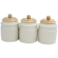 Ravenna Classic Stoneware 3-Piece Filigree Canister Set - Set of 3, Red with Wood Lid