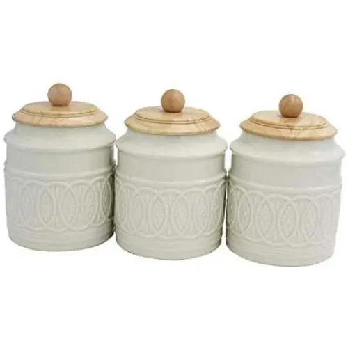 Ravenna Classic Stoneware 3-Piece Filigree Canister Set - Set of 3, Red with Wood Lid Ravenna Classic Stoneware 3-Piece Filigree Canister Set - Set of 3, Red with Wood Lid
