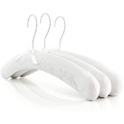 HANGERWORLD 3 White 15.7inch Cotton Padded Cushioned Top Garment Coat Hangers with Embroidered Floral Detail