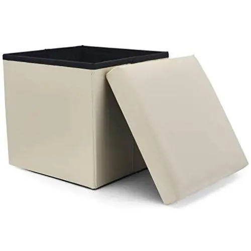 WoneNice Faux Leather Folding Storage Ottoman, Versatile Space-Saving Storage Toy Boxes with Memory Foam Seat, Max Load 100 kg, 12 x 12 x 12 Inch (Beige)