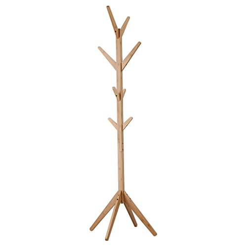 LANGRIA Free Standing Bamboo Tree-Shaped Display Coat Rack Stand with 4 Tiers 8 Hooks and Solid Feet for Clothes Scarves and Hats, Bamboo Natural Color