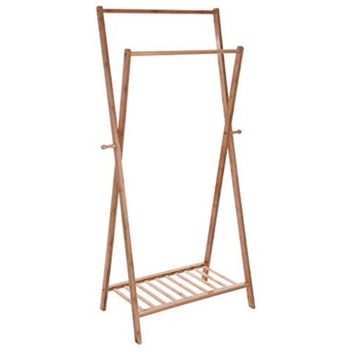 Double Pole Bamboo Rod Wood Coat Racks, 2 Side Hooks X-frame Heavy Duty Garment Rack Simple Elegant Free Standing Hanging with Bottom Shelves Clothes Scarf Hat Holder Hanger Organizer Storage
