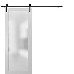 Sliding Lite Barn Frosted Glass Door 36 x 80 | Planum 2102 White Silk | 6.6FT Rail Hangers Stops Hardware Set | Modern Solid Core Interior Door Eco-Veneer