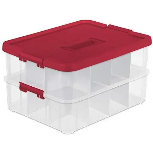 Sterilite 1427 Stack & Carry 2 Layer 24 Ornament Storage Box, Red Lid and Handle, See-through layers