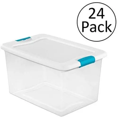 Sterilite 64 Quart Latching Plastic Storage Box, Clear w/ Blue Latches (24 Pack) Sterilite 64 Quart Latching Plastic Storage Box, Clear w/ Blue Latches (24 Pack)