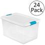 Sterilite 64 Quart Latching Plastic Storage Box, Clear w/ Blue Latches (24 Pack)