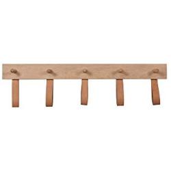 CKB LTD Raw Oak and Leather 5 PEG Rail for Hallway Or Bedroom Wall Mounted Rail Hanger for Coats Hats Drape Scarves Key Hook - Large H20 x W75 x D6.5cm