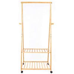 Bamboo Garment Rack w/ 4 Coat Hooks 2-tier Shoe Clothes Storage Rolling Laundry Sorter Cart Hamper Organizer with Hanging Bar Closet System Storage Clothes Hanger Dry Shelf Heavy Duty(U.S. Stock)