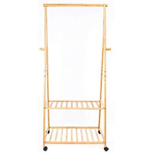 Bamboo Garment Rack w/ 4 Coat Hooks 2-tier Shoe Clothes Storage Rolling Laundry Sorter Cart Hamper Organizer with Hanging Bar Closet System Storage Clothes Hanger Dry Shelf Heavy Duty(U.S. Stock)