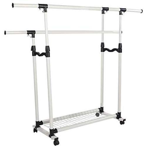 cuasen Portable Adjustable Garment Double Rails Rack Rolling Clothes Hanger Heavy Duty with Mesh Bottom Shelves for Boxes Shoes Storage