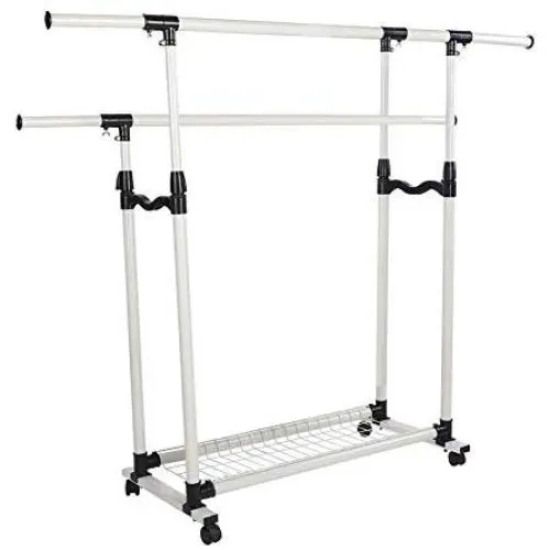 cuasen Portable Adjustable Garment Double Rails Rack Rolling Clothes Hanger Heavy Duty with Mesh Bottom Shelves for Boxes Shoes Storage