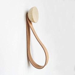 Round Beech Wood Wall Closet Coat Hook/Hanger with Leather Strap