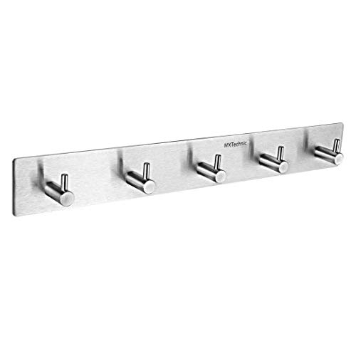 MXtechnic Self Adhesive Key Hooks and Hanger, 3M Stainless Steel Heavy Duty Coat Hanging Shelf Robe Towel Hanger Rack 5-Hook for Bathroom Kitchen Wall Mounted (5 Hooks)